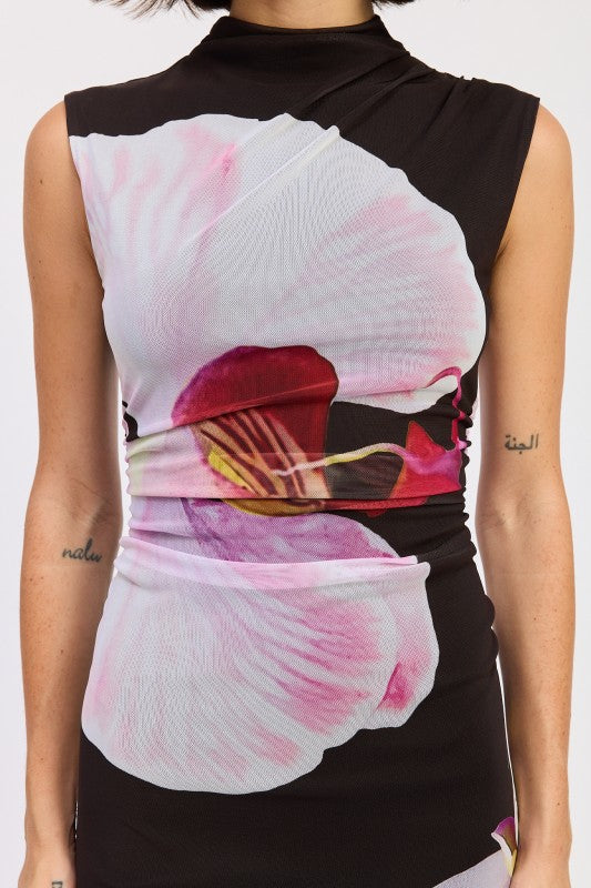 FLORAL MESH MIDI SLEEVELESS DRESS