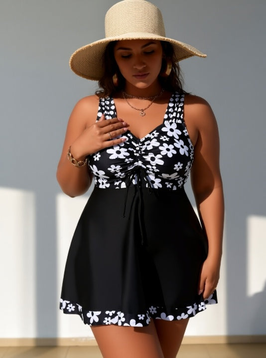 Women's Plus Size Black Floral Two-piece Swim Dress