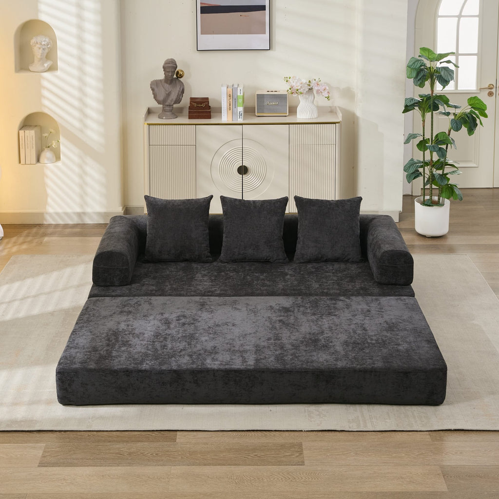 Comfy Convertible Folding Mattress Couch, Floor Sofa Bed, Chenille Floor Sofa with Armrest, Floor Sofa Lounge Couch for Living Room Bedroom Lounge Studio-Black