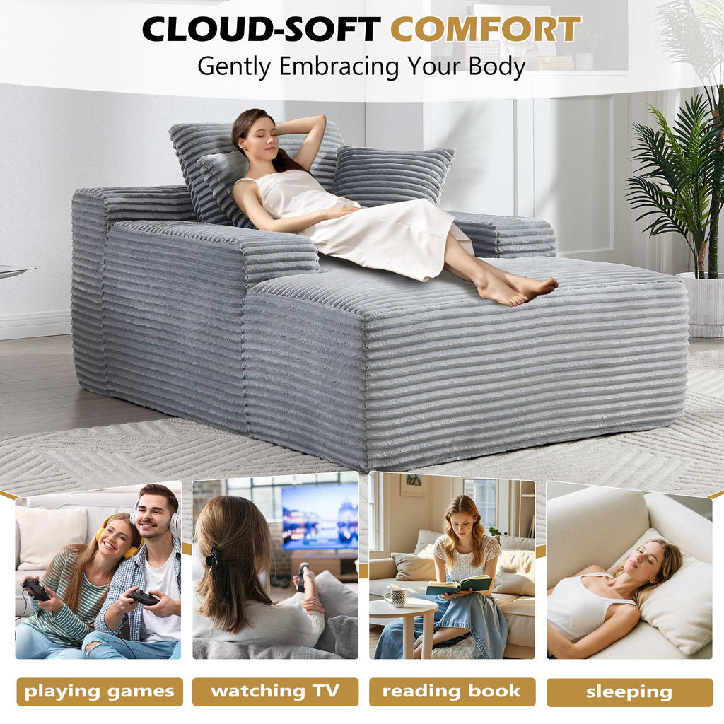 67' Chaise Lounge Chair 9.9'' Wide Armrest Indoor Corduroy Oversized Sleeper Sofa for Living Room Deep Seat Lounge and Three Soft Pillows Convertible Boneless Sofa Bed, Grey, No Assembly Required
