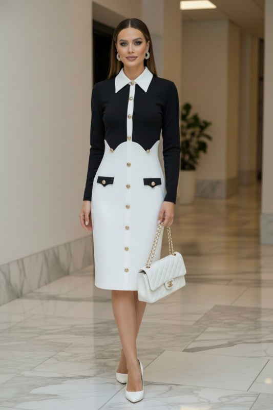 Contrast Scallop Panel Bandage Midi Dress