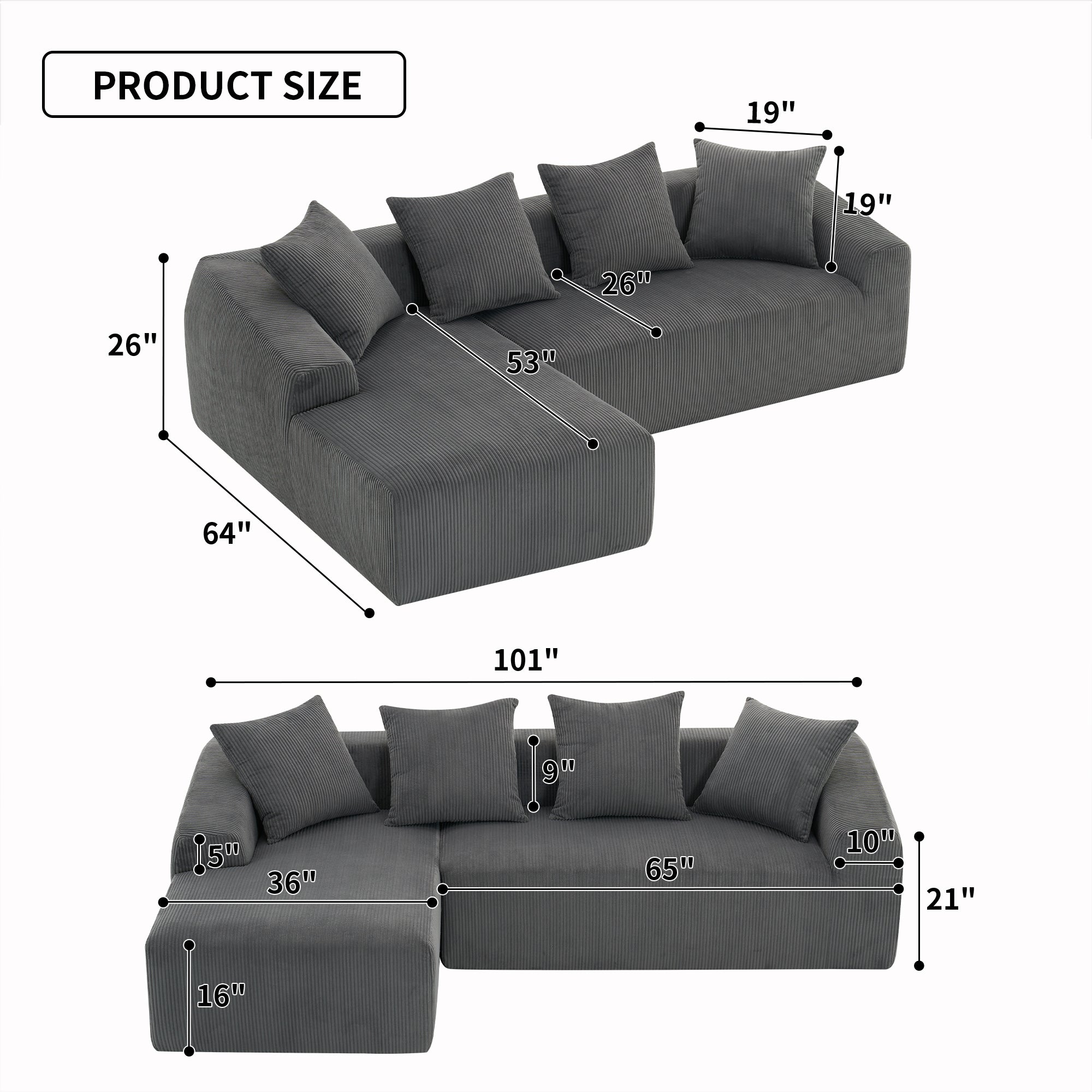 LY-023 Grey Compression Sofa: Corduroy Fabric, Chaise Longue and 3-Seater Combination with 4 Pillows