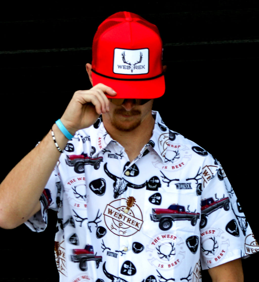 “Red Lightning Wes” 5-Panel Trucker Hat – Retro Western Mesh Back | Original Westrek Logo Cap | Red & White Snapback