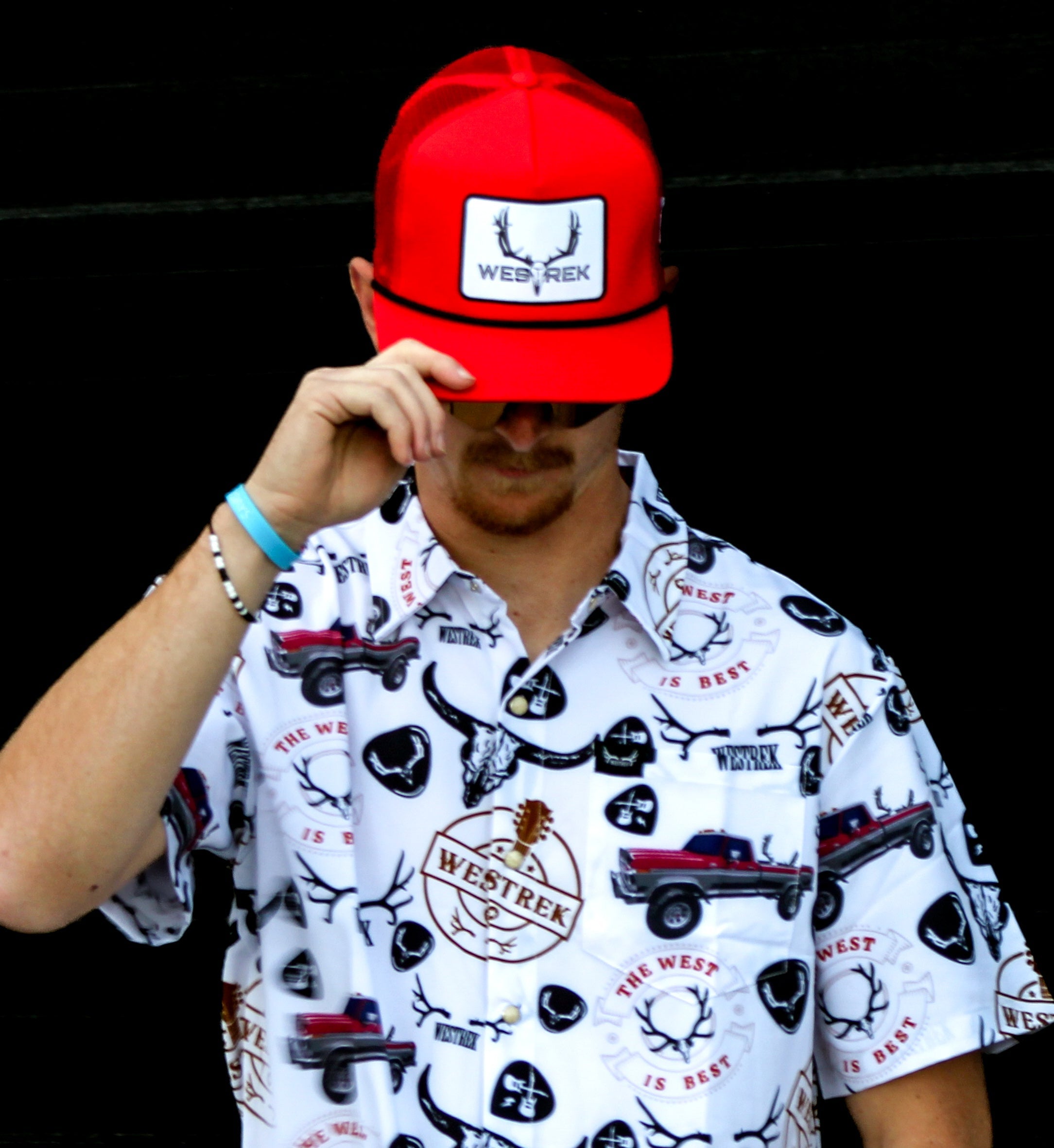 “Red Lightning Wes” 5-Panel Trucker Hat – Retro Western Mesh Back | Original Westrek Logo Cap | Red & White Snapback