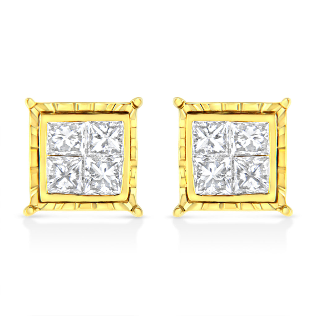 14K Yellow Gold 1.0 Cttw Invisible Set Princess-Cut Diamond Composite 8 Stone Stud Earrings (I-J Color, SI1-SI2 Clarity)