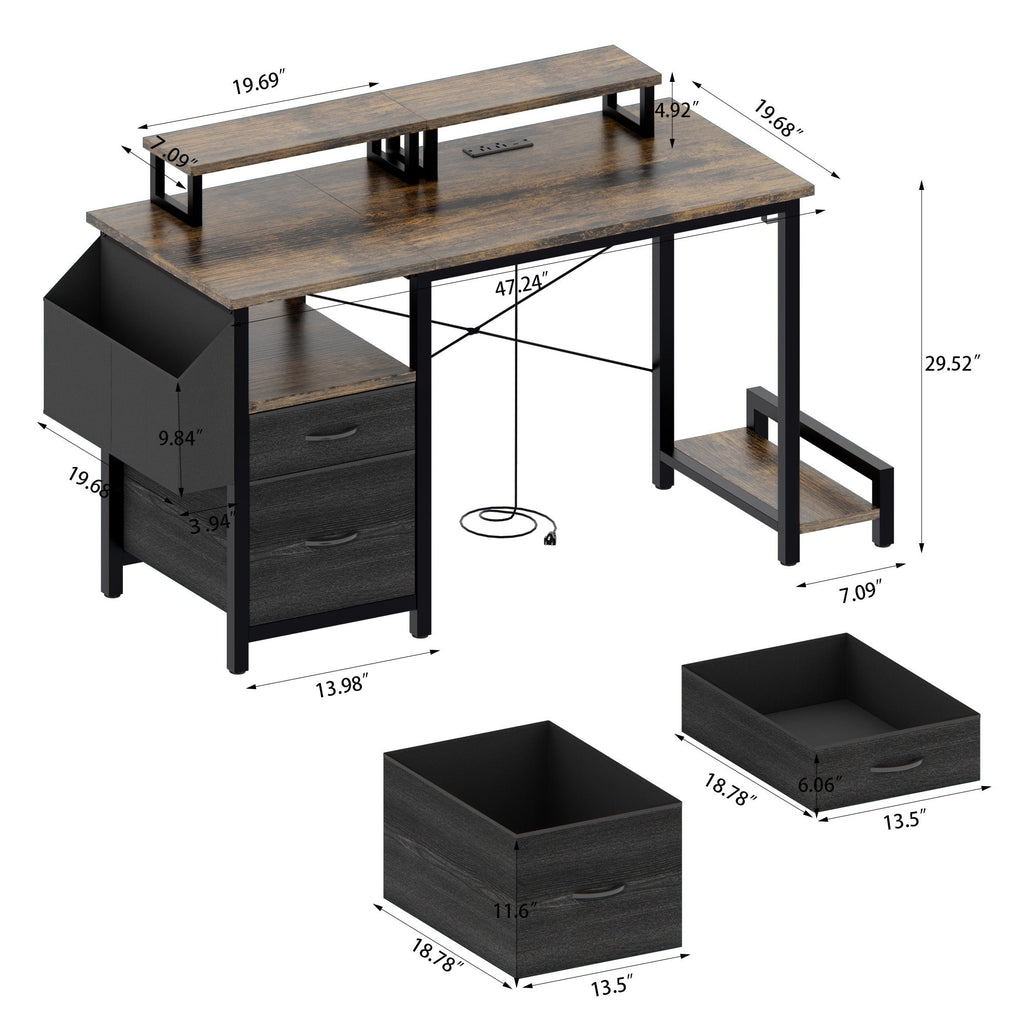 Computer Desk with Drawer and Power Outlets, 47' Office Desk with 2 Monitor Stands and Fabric File Cabinet, Writing Gaming Table with Shelves and Hooks for Home Office, Rustic Brown