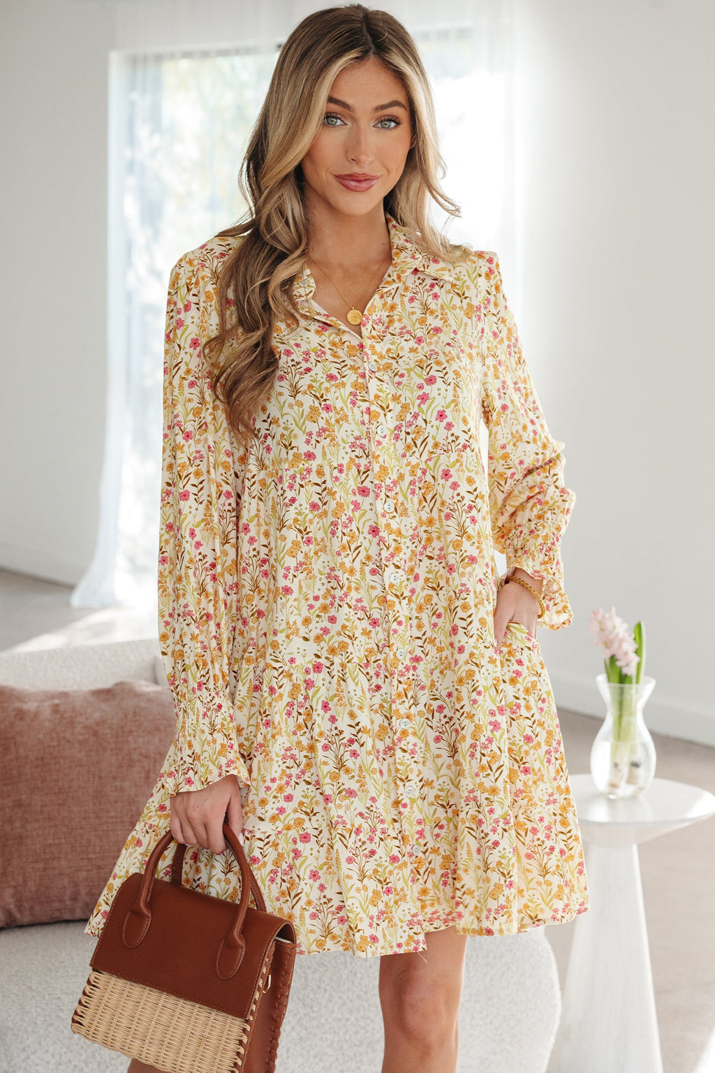 Floral Frilled Trim Smocked Cuff Dress