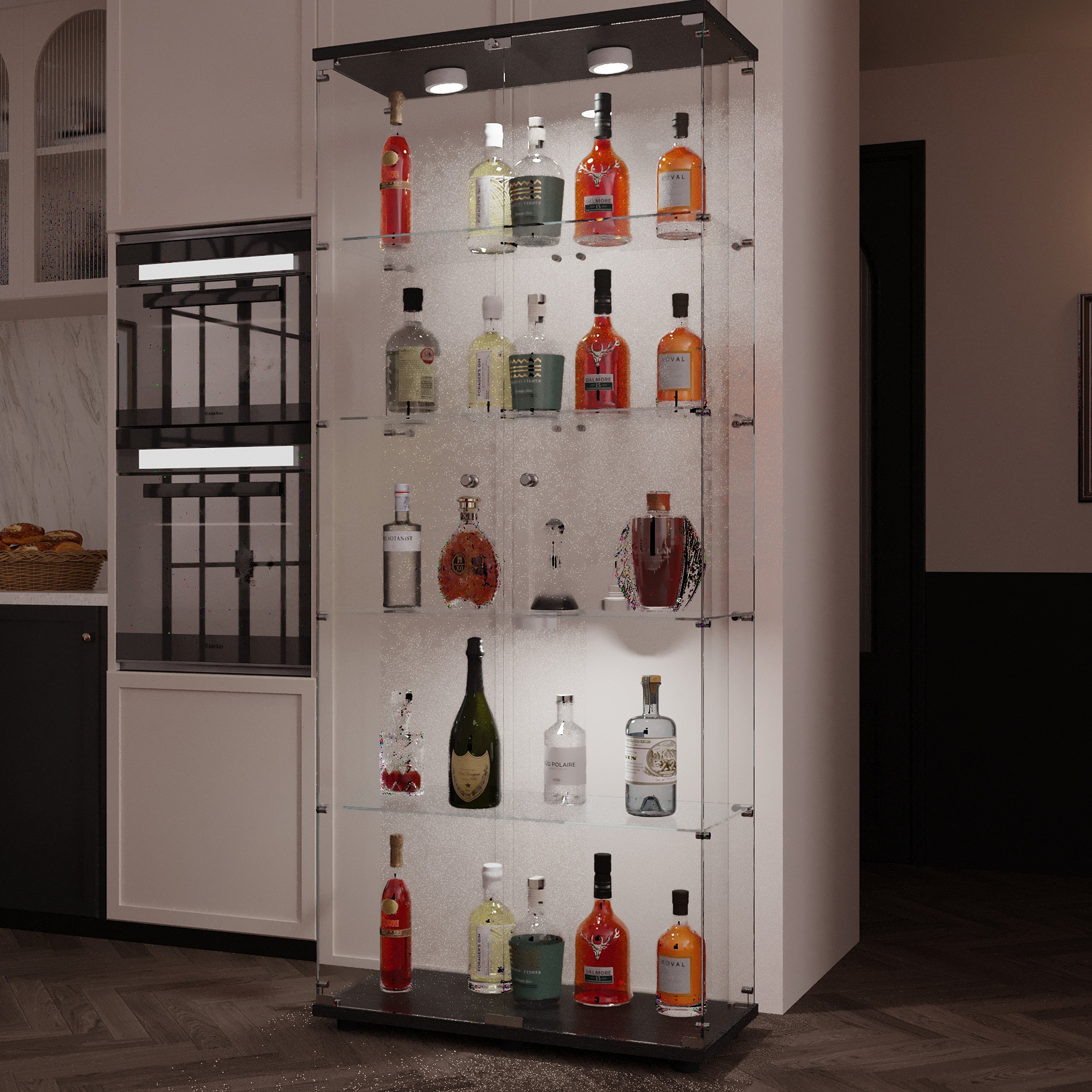 Tempered glass display cabinet,liquorcabinet,storagecabinet,filecabinet,with paipai lights,with locks,bottom equipped with adjustable feet,suitable for uneven,living room bedroom,corridor,office,black