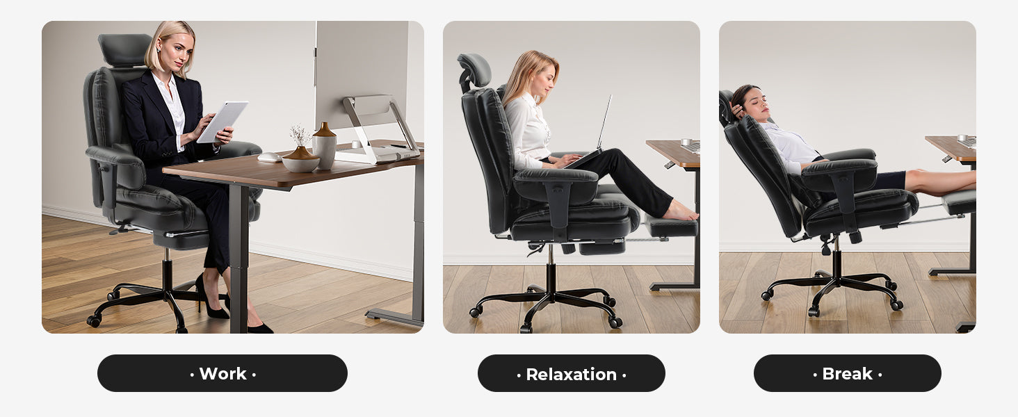 Office Chair Ergonomic 200 kg PU Leather Computer Chair with Lumbar Support and High Backrest, Ergonomic Desk Chair with Liftable Headrest, Black