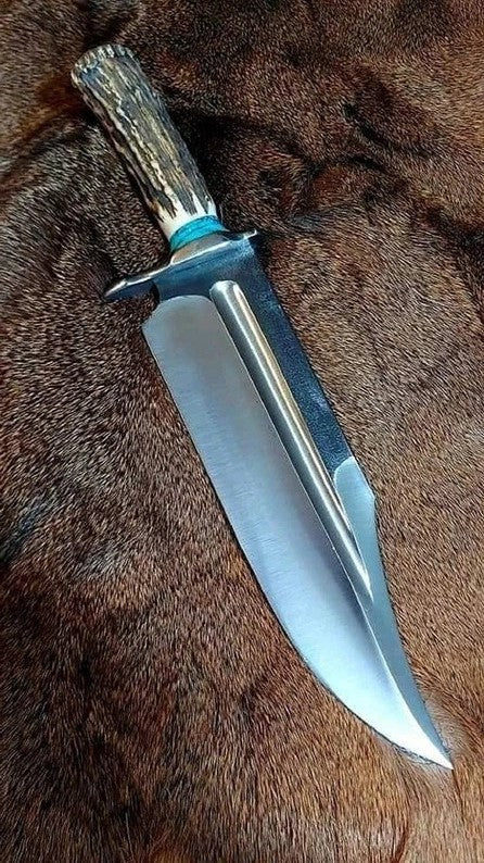 Ultimate Survival Bowie Knife - Handmade, 1095 Forged Steel, 11" Blade, Antler Horn Handle, Exotic Wood, Steel Guard