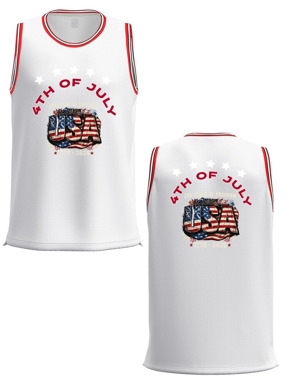 4th of July Adult White with Red Trim Basketball Uniform Top | Ships From USA