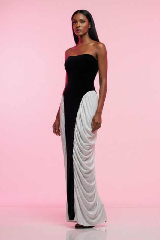 Strapless Velvet & Chiffon Contrast Gown