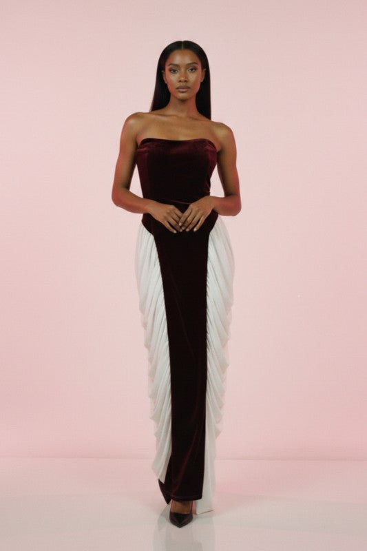 Strapless Velvet & Chiffon Contrast Gown