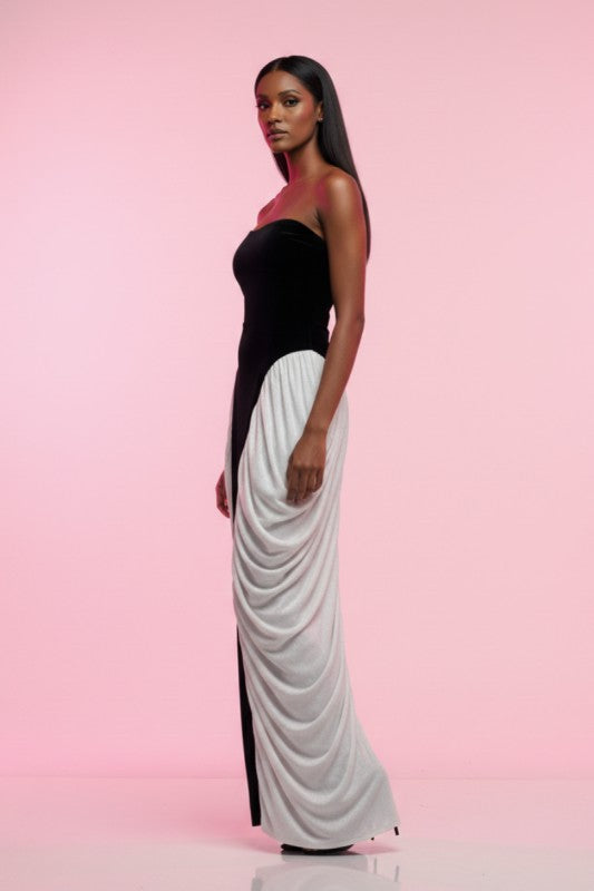 Strapless Velvet & Chiffon Contrast Gown