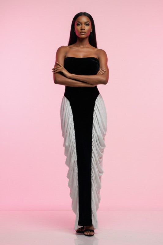 Strapless Velvet & Chiffon Contrast Gown
