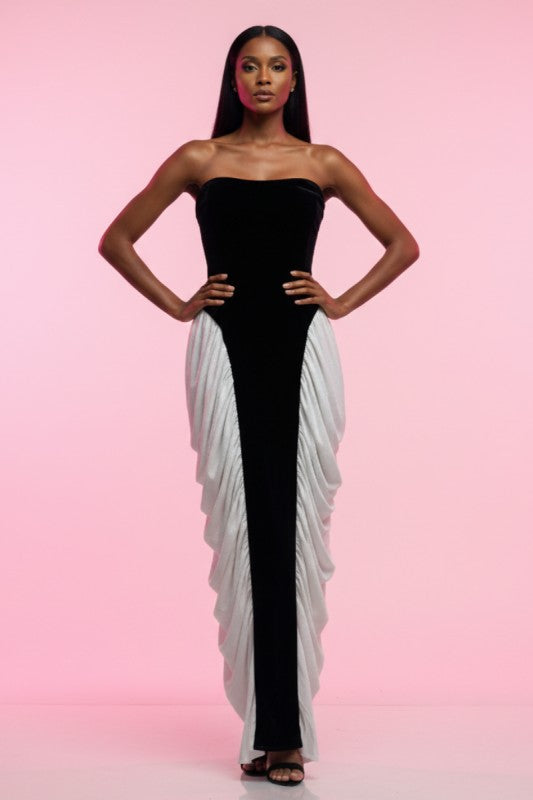Strapless Velvet & Chiffon Contrast Gown