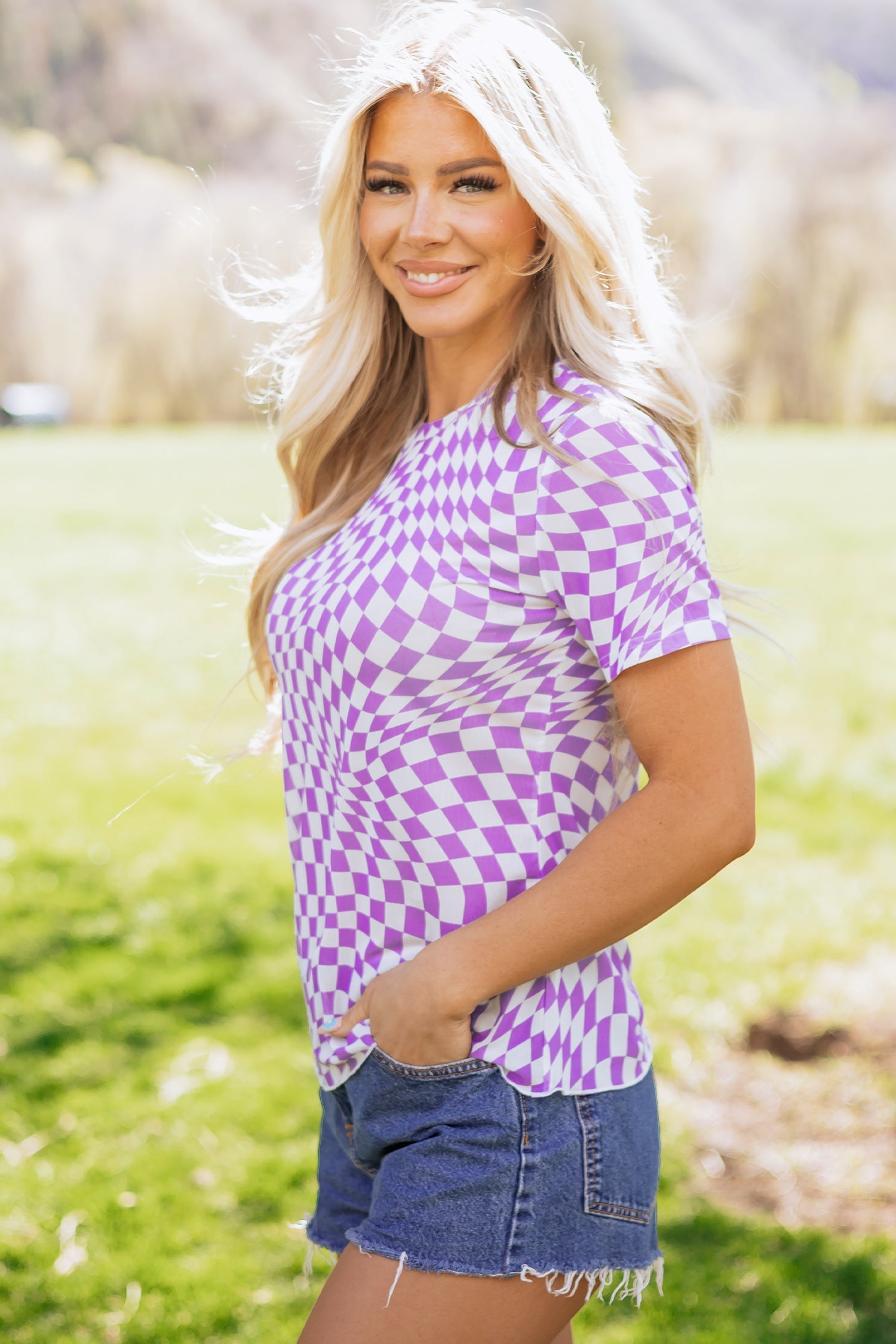 Checker Mesh Mock Neck Short Sleeve T-Shirt