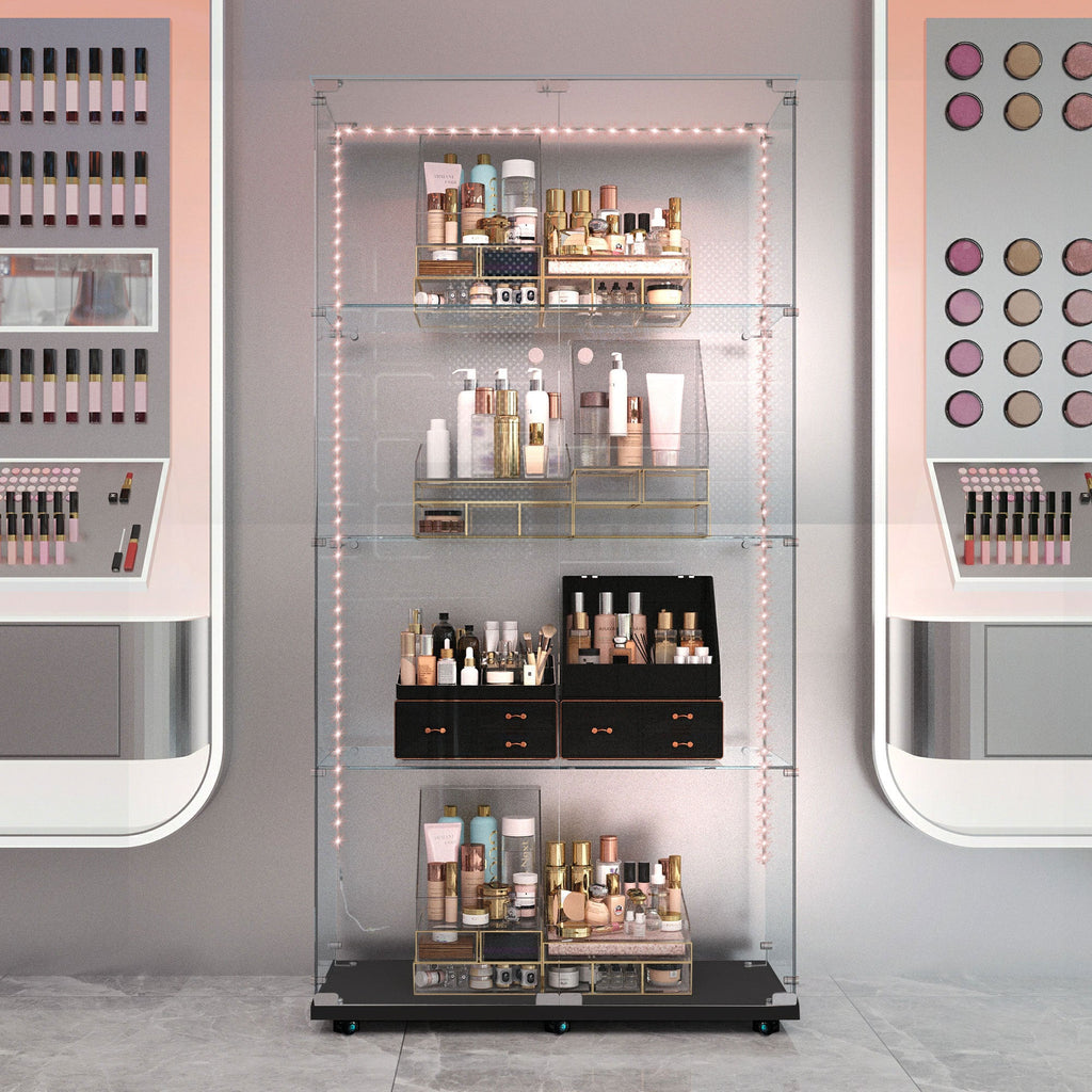 Tempered glass display cabinet,wine cabinet, storage cabinet,file cabinet,with Bluetooth LED strip,can be controlled by remote control or mobile APP,swivel casters,can be placed anywhere, color:black