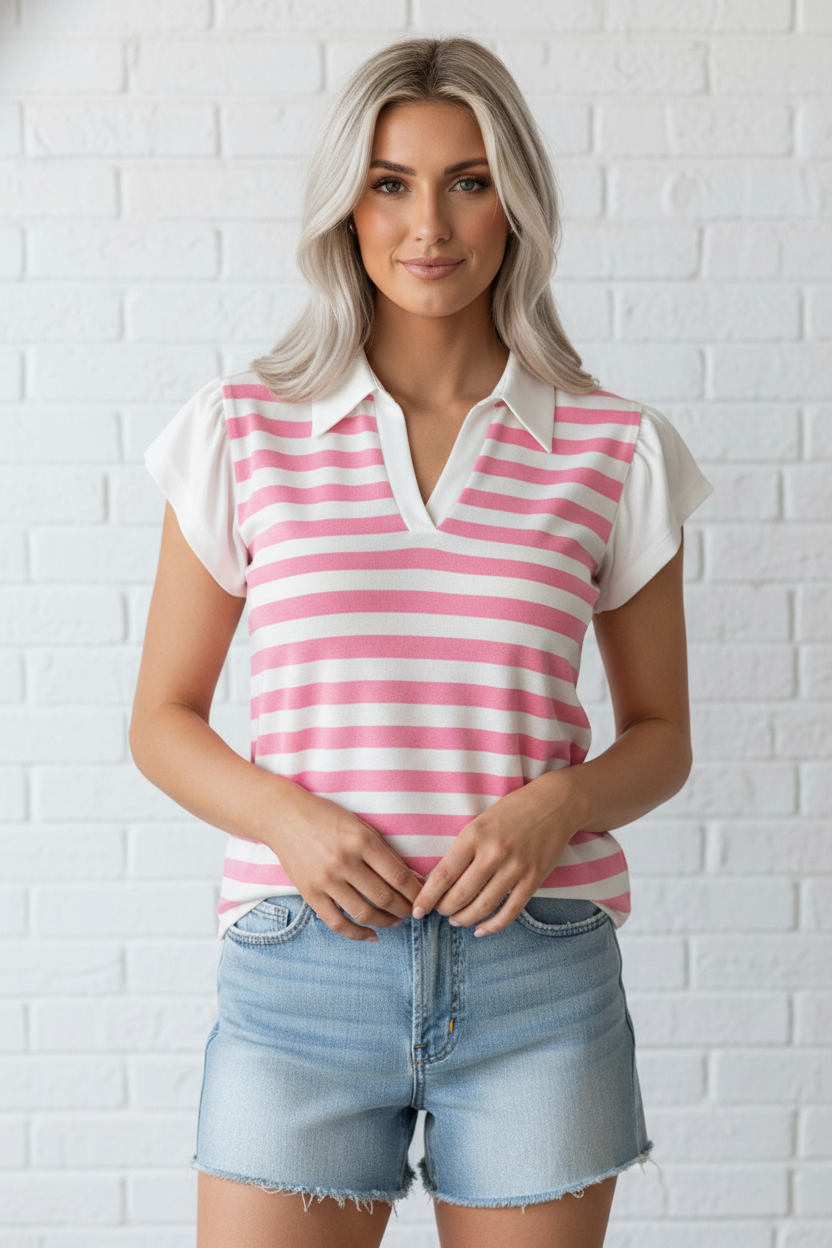 Stripe Collar V-Neck Ruffle Short Sleeve Blouse