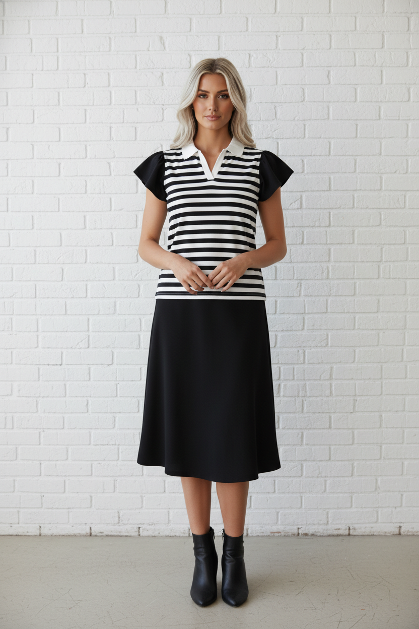 Stripe Collar V-Neck Ruffle Short Sleeve Blouse