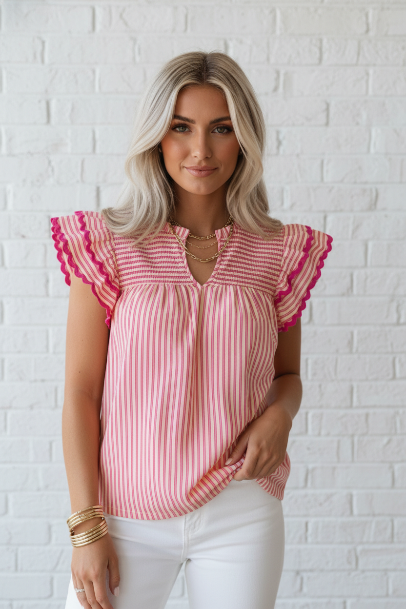 Stripe Smocked Yoke Short Sleeve Ruffle Blouse