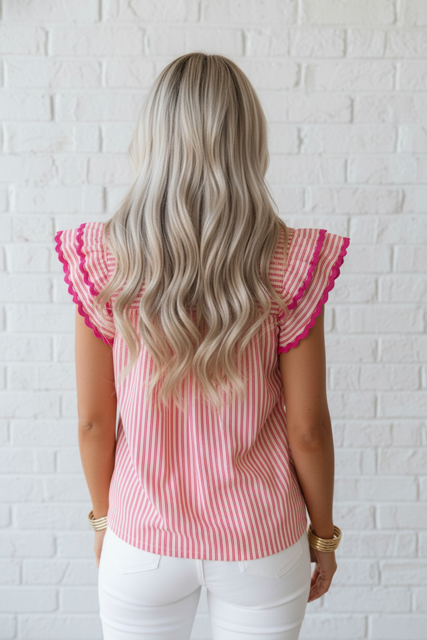 Stripe Smocked Yoke Short Sleeve Ruffle Blouse