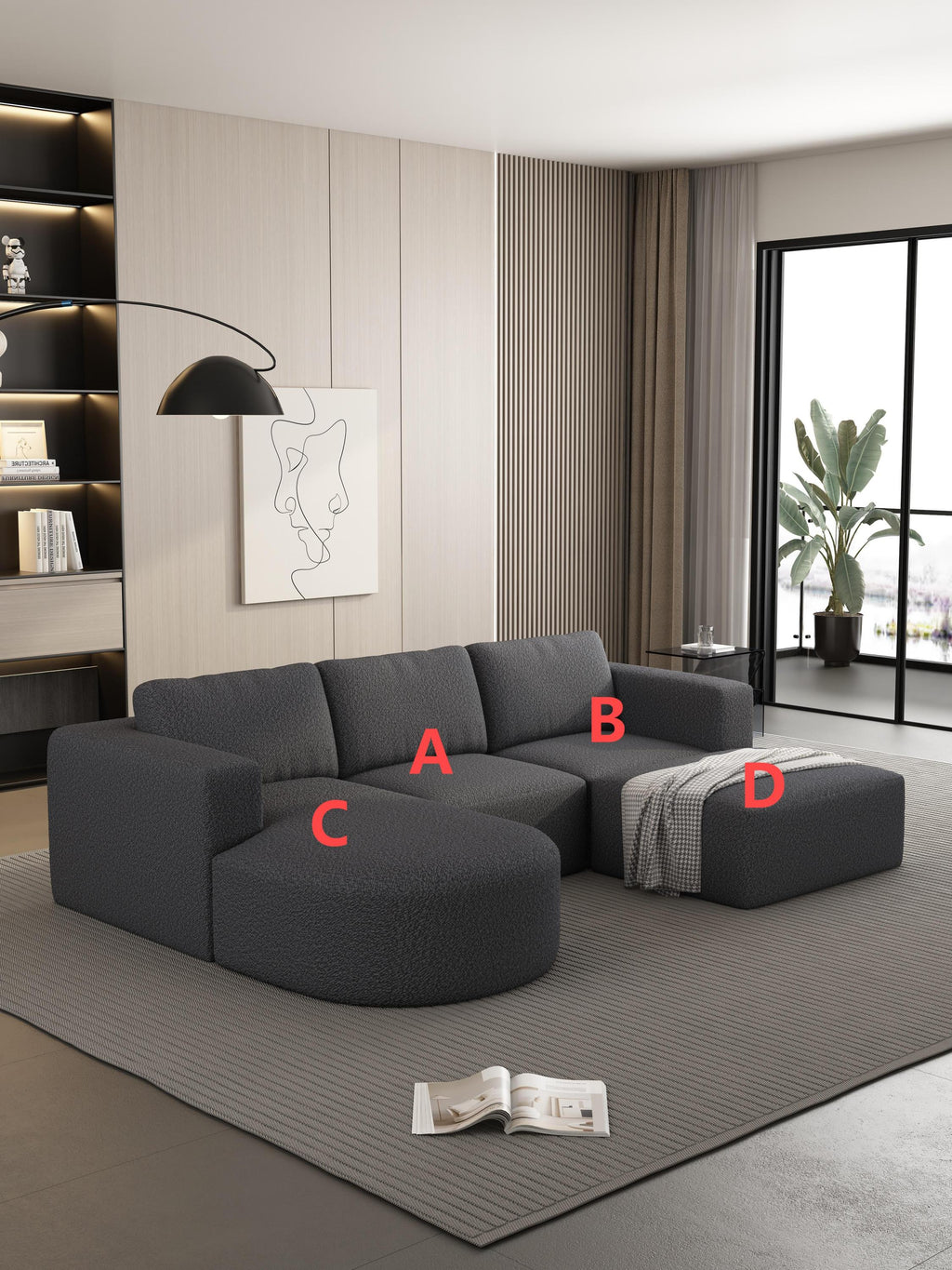104.32*70.86 Modular Sectional Sofa Sleeper Couch, Sectional Sofa with Chaise and Ottoman, Convertible U Shaped Modular Sofa Set. Compressed sponge, Dark Grey (Combo A+B+C+D)