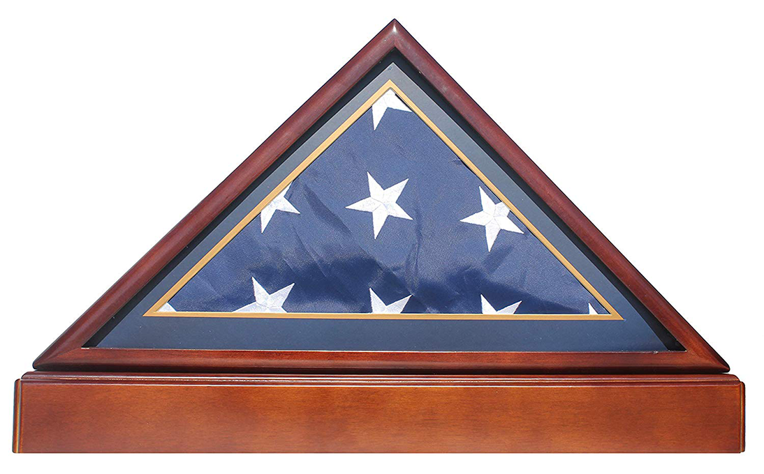 Burial/Funeral Flag Display Case Frame, Military Shadow Box with Pedestal Stand - Engraved Emblem