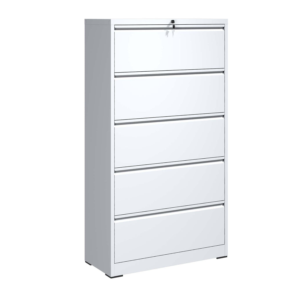 Modern 5-Drawer Steel Lateral File Cabinet with Lock, White Metal Filing Cabinet for Home and Office