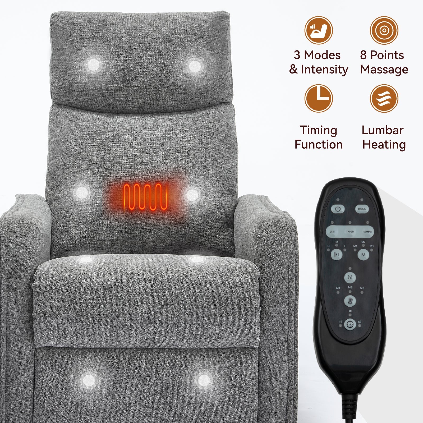Heat Massage Manual Recliner Chair with Rocker and Swivel in Fabric for Living Room, Grey
