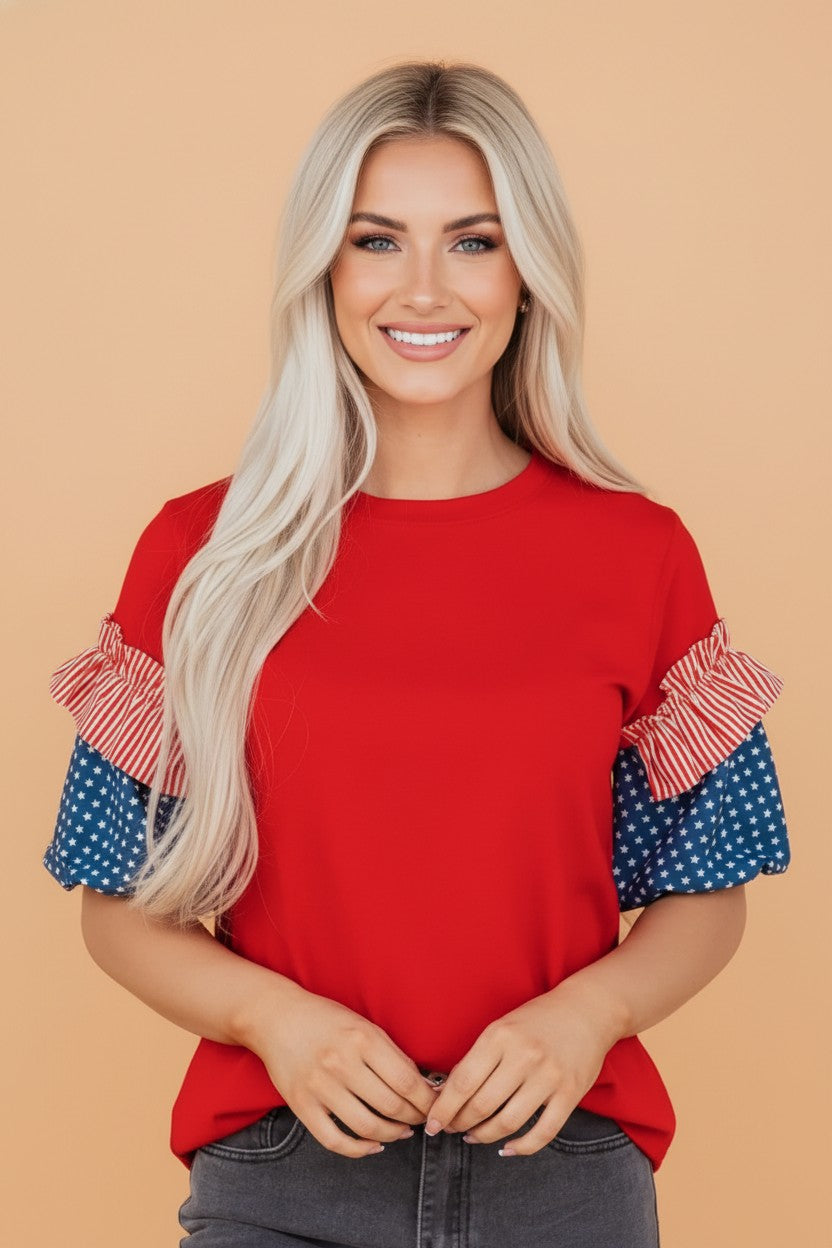 Stars & Stripe Patchwork Short Puff Sleeve Top