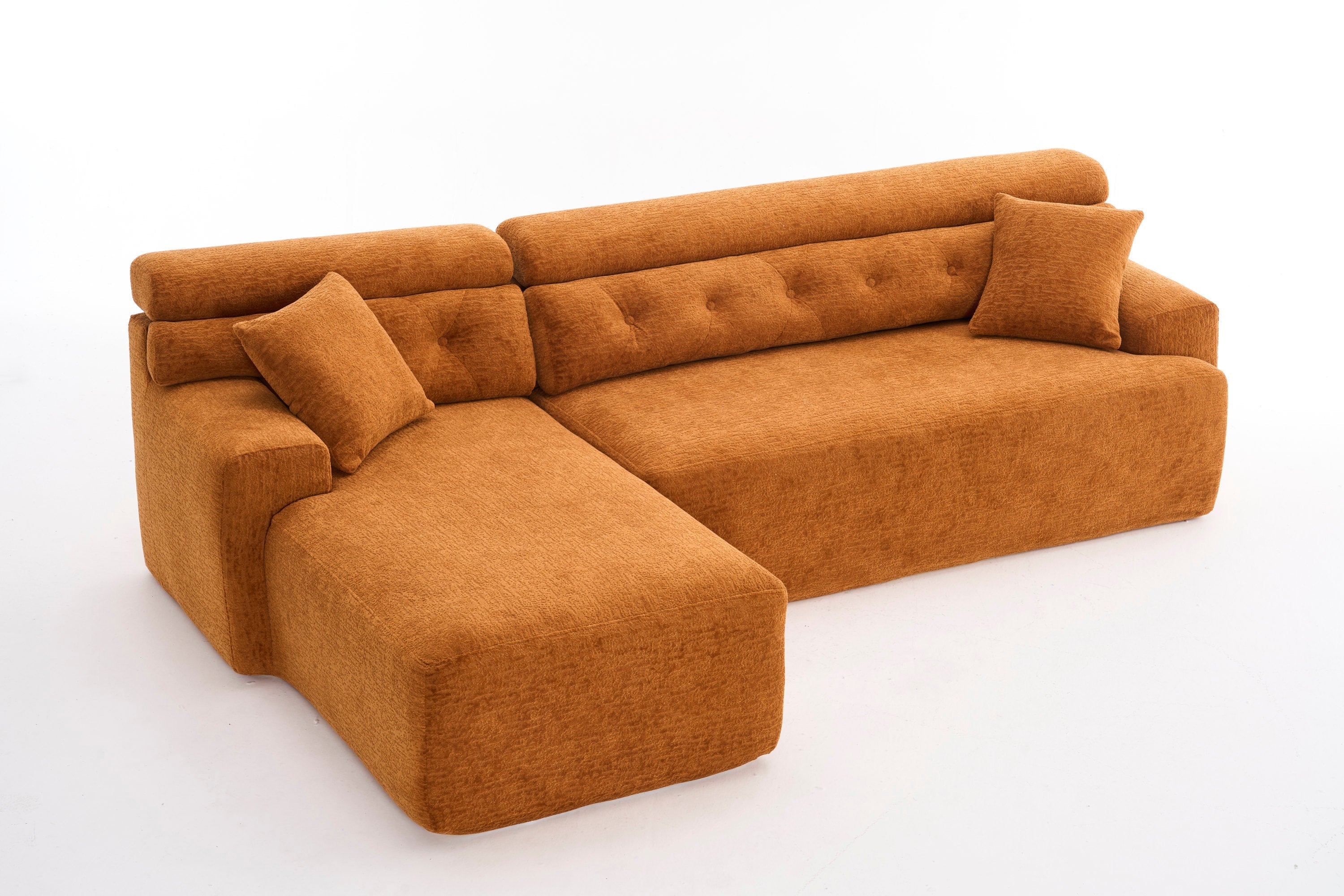 LY-029B Convertible Chaise Sectional Sofa, Full Compression Sponge Modular Couch for Apartment Living Room,Orange 3-Seater with Wood Grain Chenille, 2 Pillows Included, 86'L