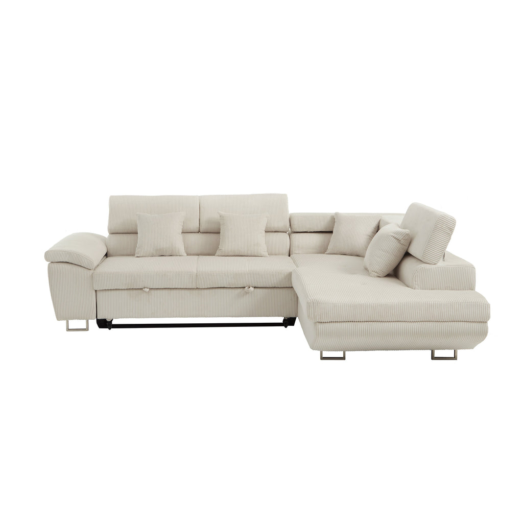 104.3'' Pull Out Sofa Bed with Storage Left Chaise Sofa Bed Corduroy Velvet Upholstery Beige