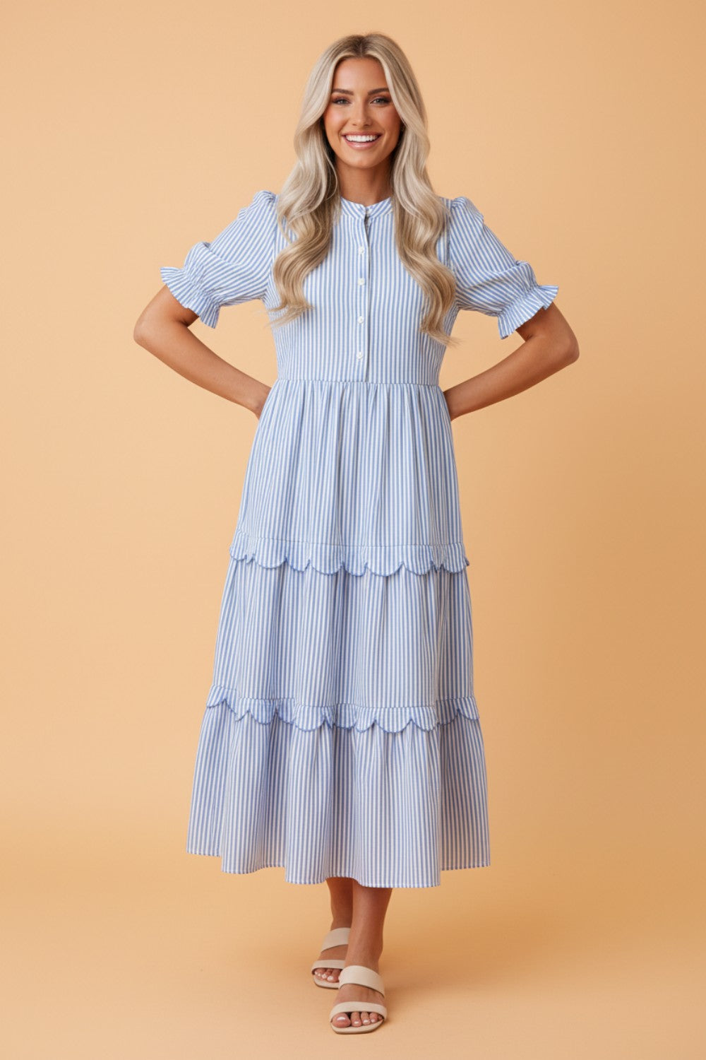 Stripe Bubble Short Sleeve Tiered Scallop Dress