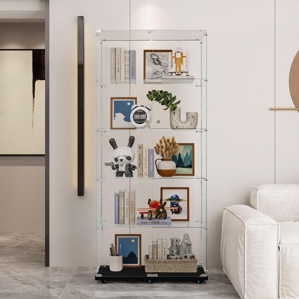 Tempered Glass Display Cabinet, Wine Cabinet, Storage Cabinet, File Cabinet with Bluetooth LED Light Strips, Lock on Door, Tempered Glass Top, Casters at Bottom for Easy Movement, Color: Black