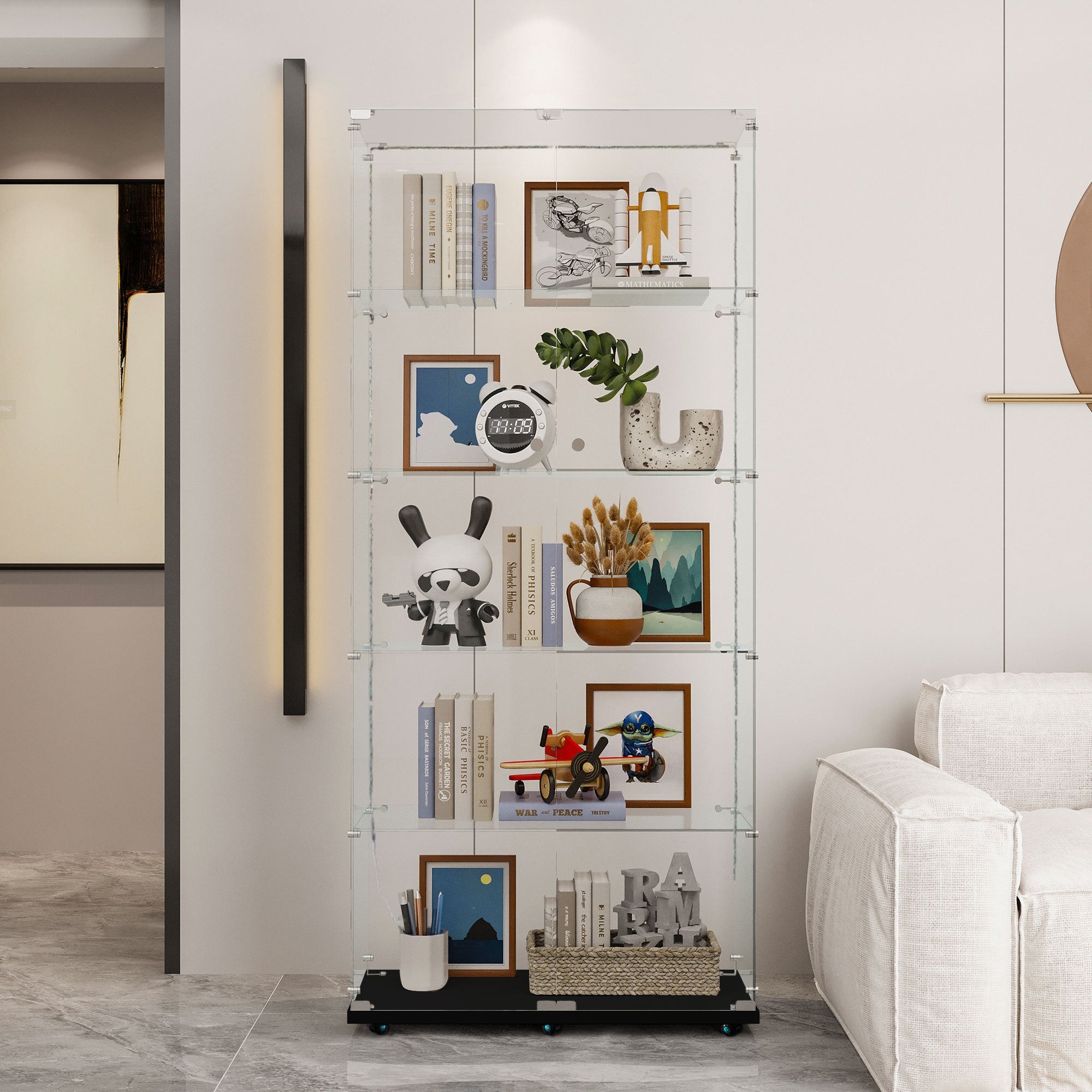 Tempered Glass Display Cabinet, Wine Cabinet, Storage Cabinet, File Cabinet with Bluetooth LED Light Strips, Lock on Door, Tempered Glass Top, Casters at Bottom for Easy Movement, Color: Black