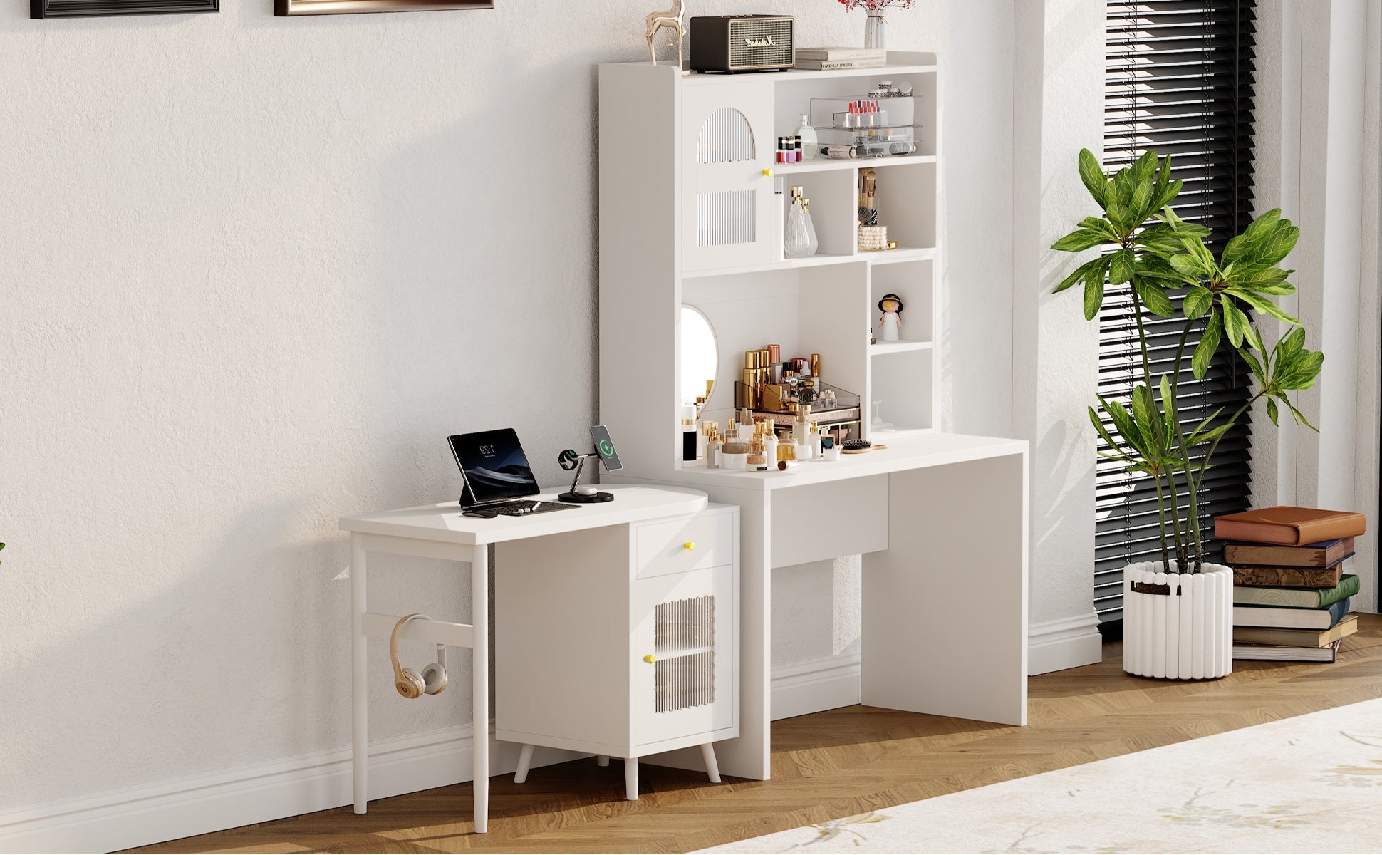 Computer Desk with 90 Degree Rotating Desktop, 43x70 Inch Office Desk with Storage Drawer and Cabinets, Gaming Desk with Shelves, Writing Desk for Study, Work Desk for Home Office Bedroom Living Room
