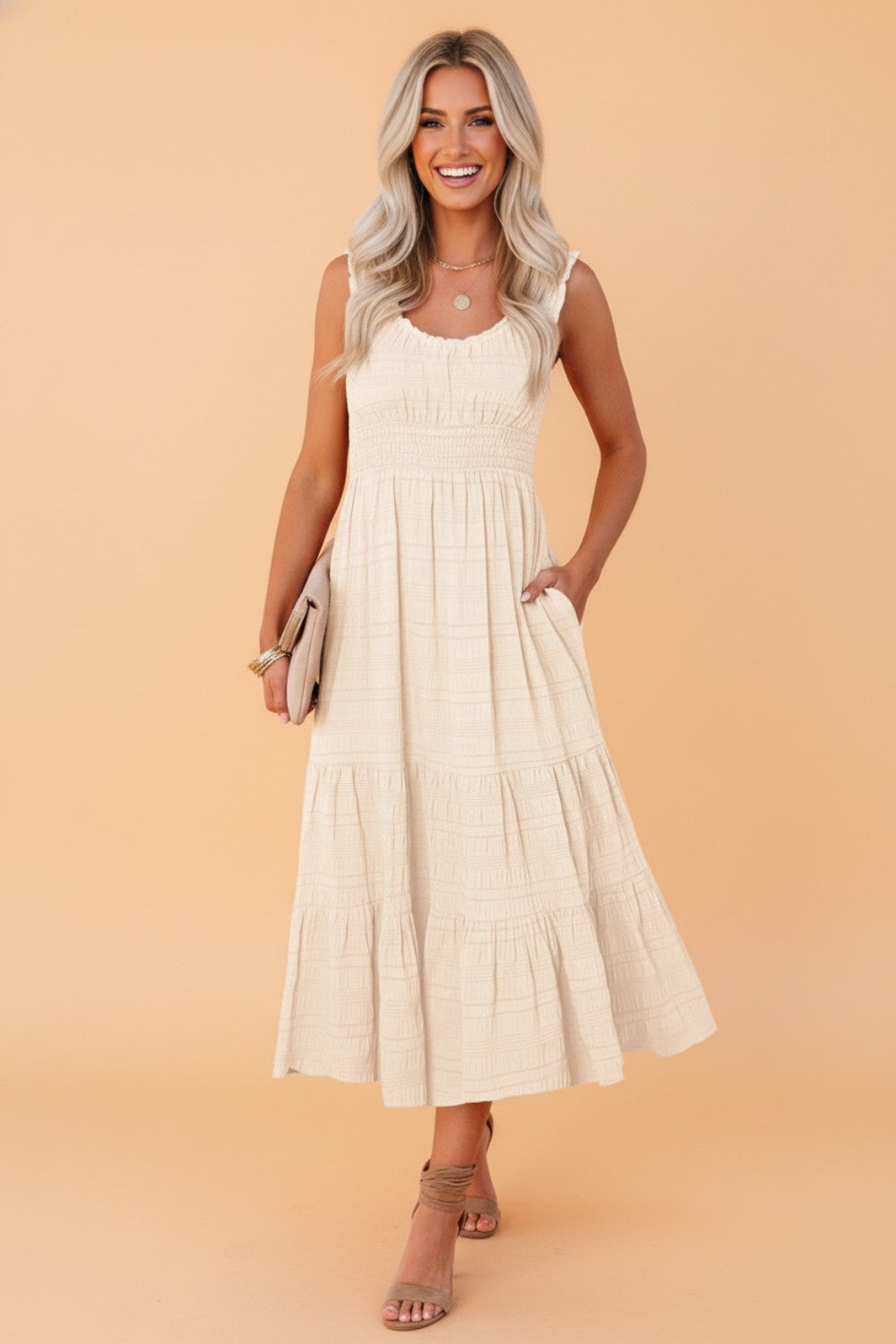 Shirred Pleated Square Neck Sleeveless Midi Dress