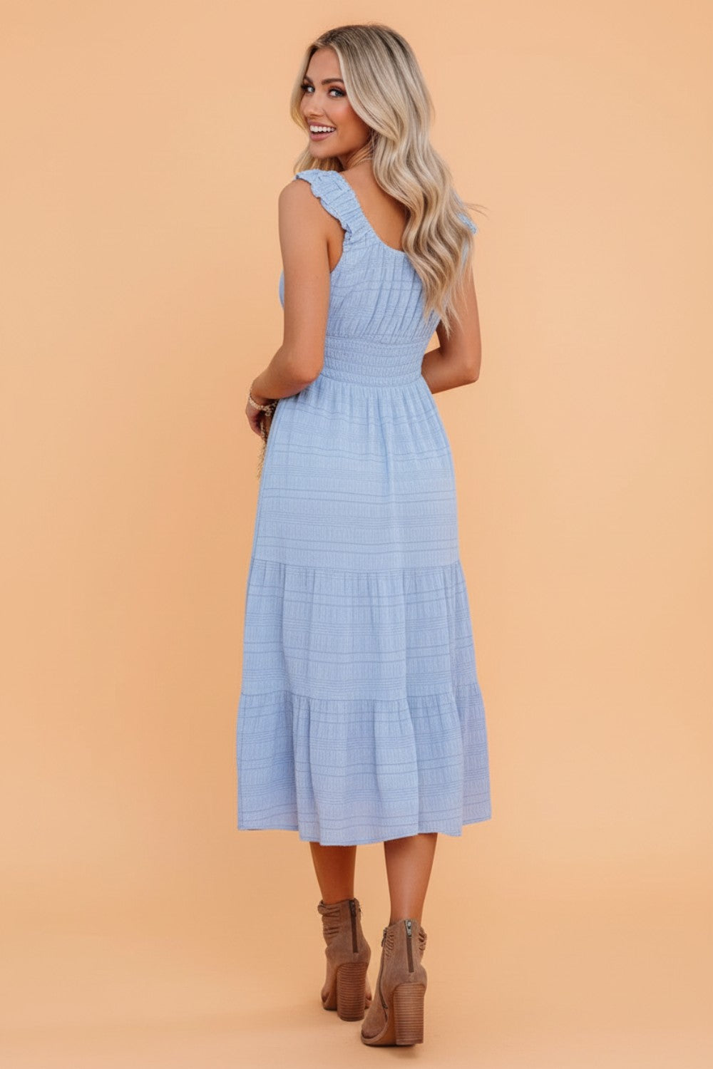 Shirred Pleated Square Neck Sleeveless Midi Dress