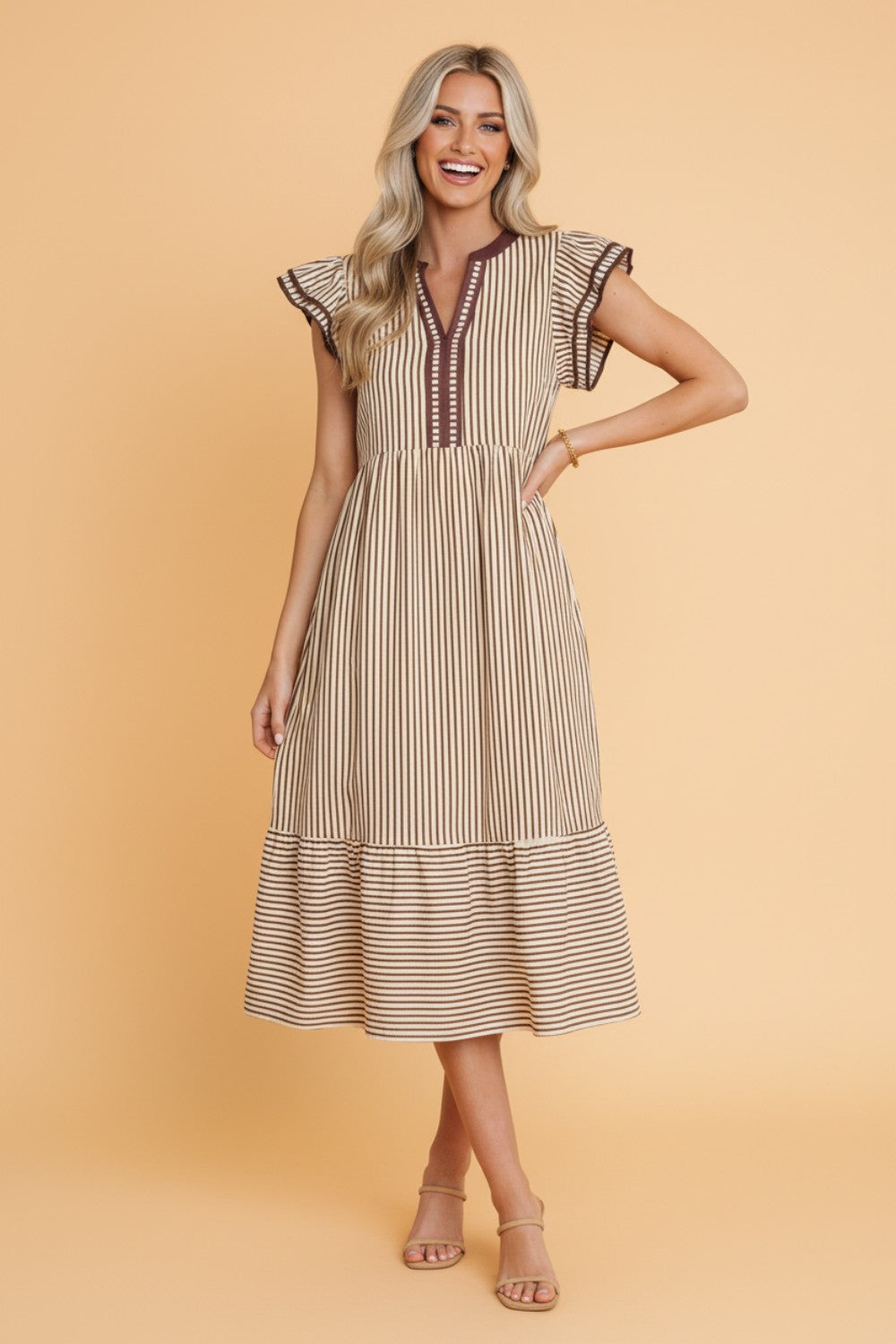 Stripe Ruffle Short Sleeve V-Neck Midi Dress