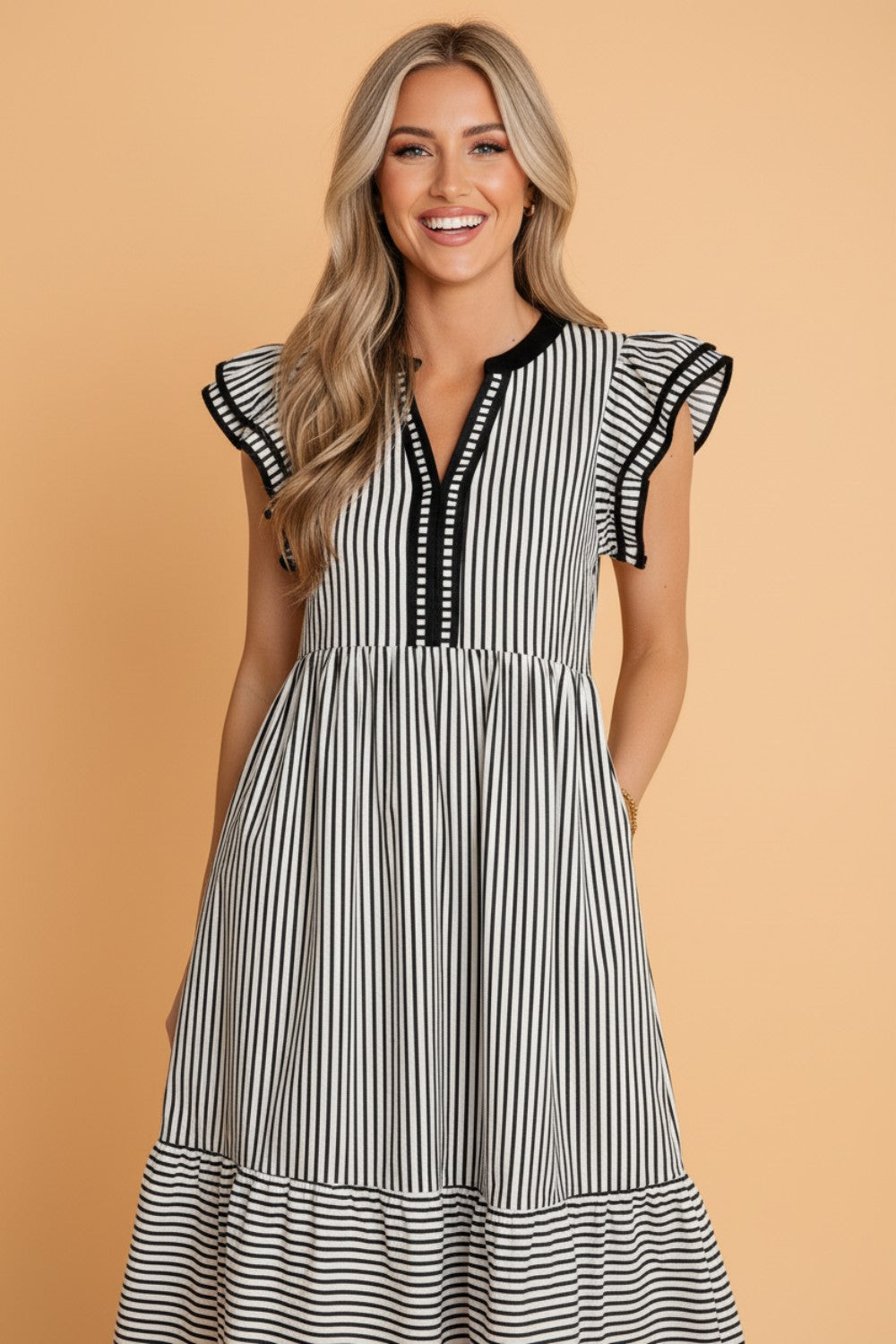 Stripe Ruffle Short Sleeve V-Neck Midi Dress