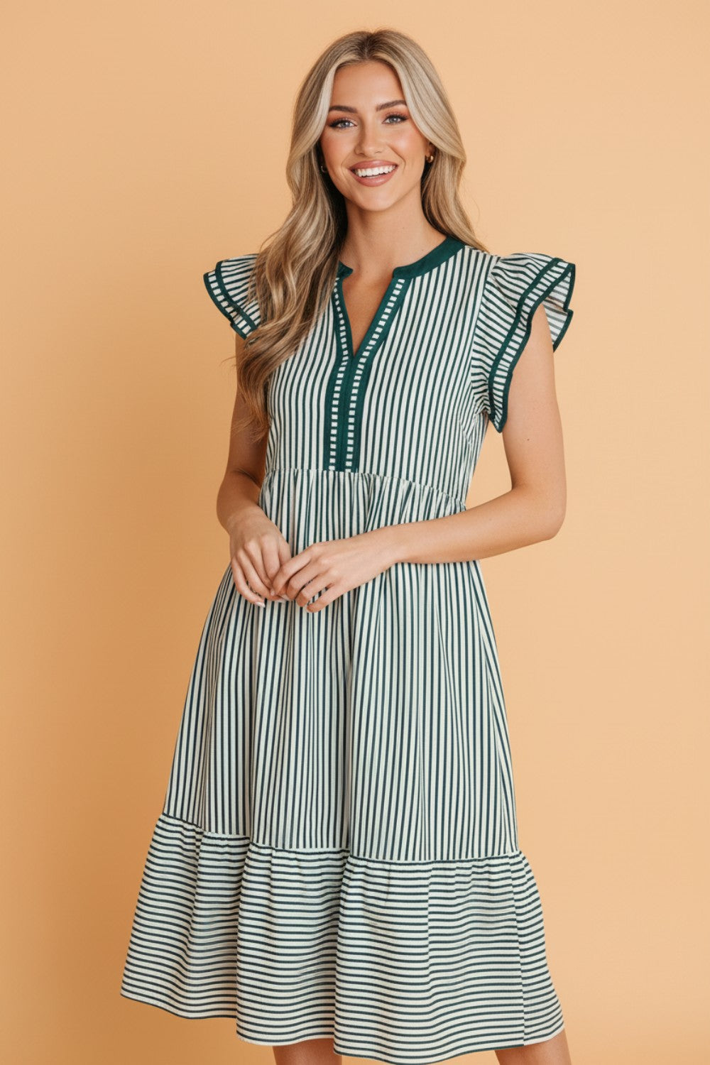 Stripe Ruffle Short Sleeve V-Neck Midi Dress