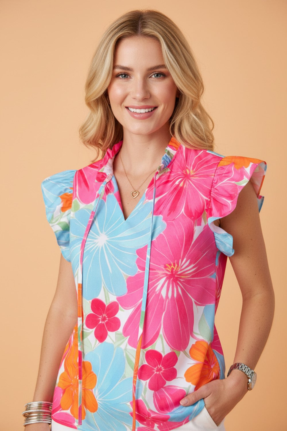 Floral Ruffle Tied V-Neck Flutter Sleeve Blouse