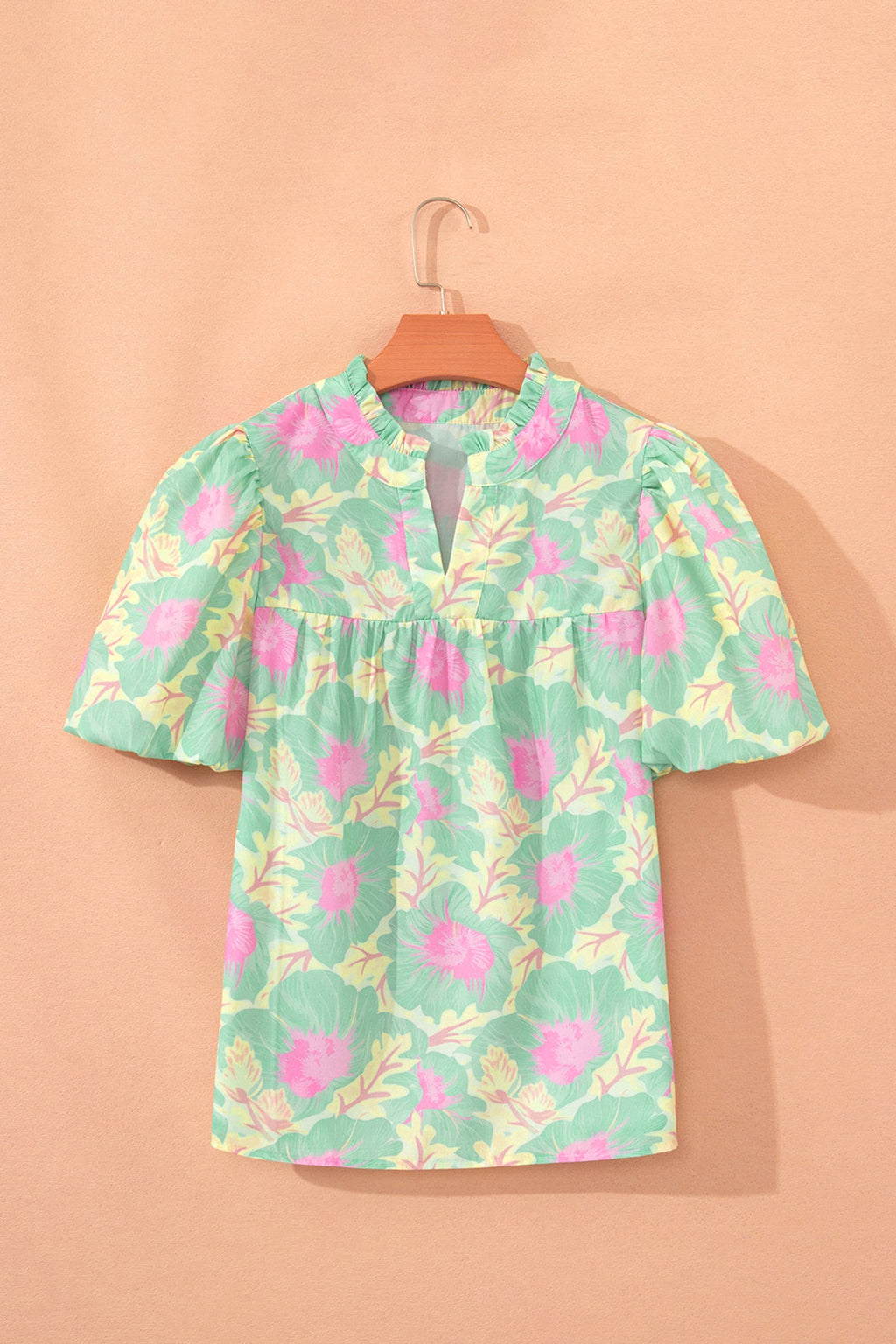 Floral Frilled V-Neck Bubble Sleeve Babydoll Blouse