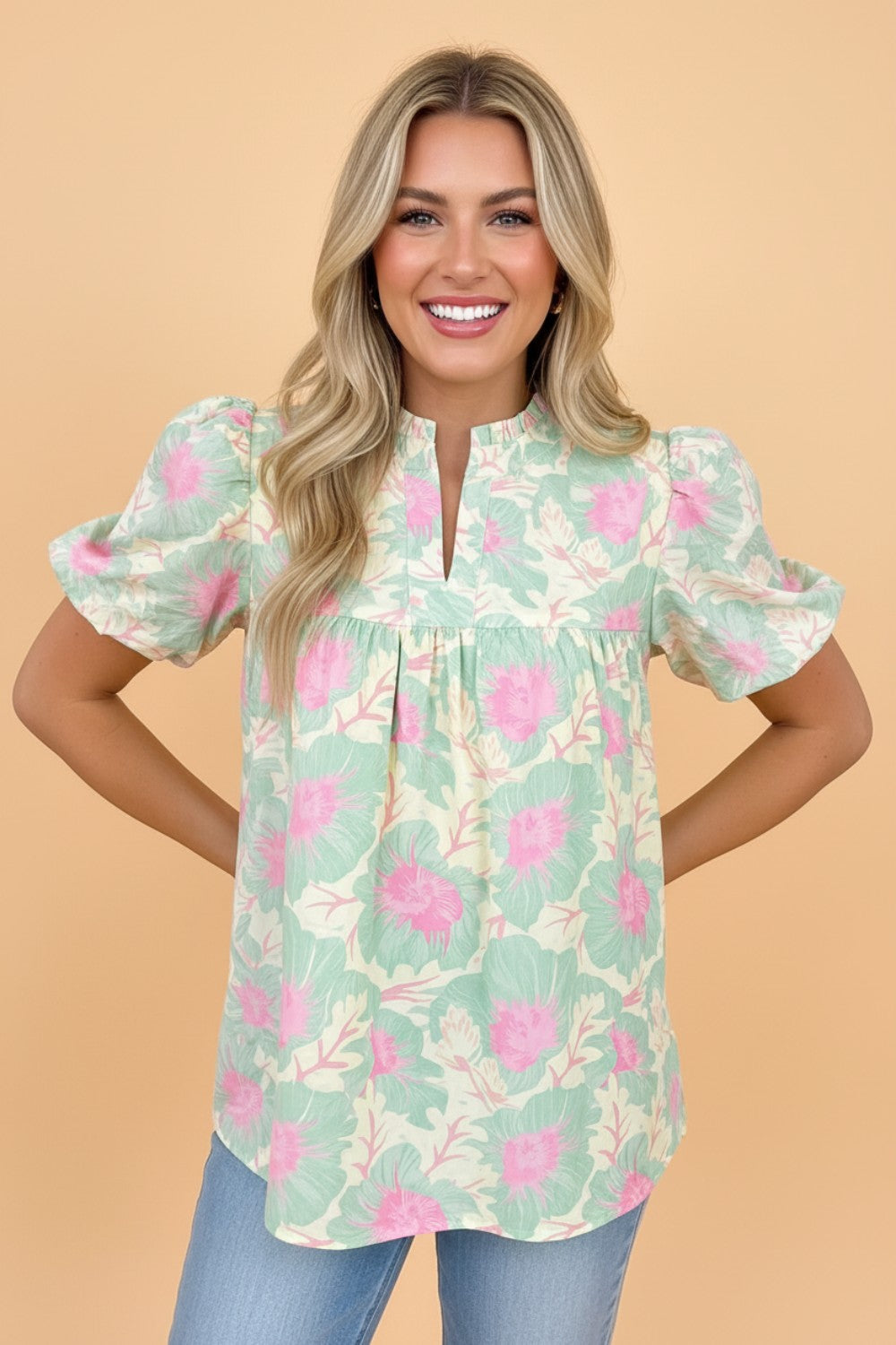 Floral Frilled V-Neck Bubble Sleeve Babydoll Blouse