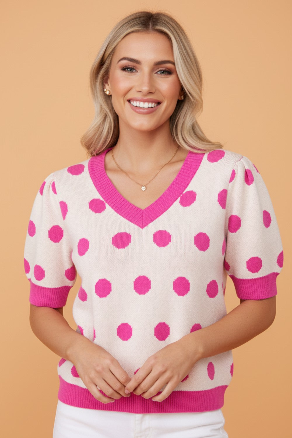 Polka Dot Puff Short Sleeve Sweater Top