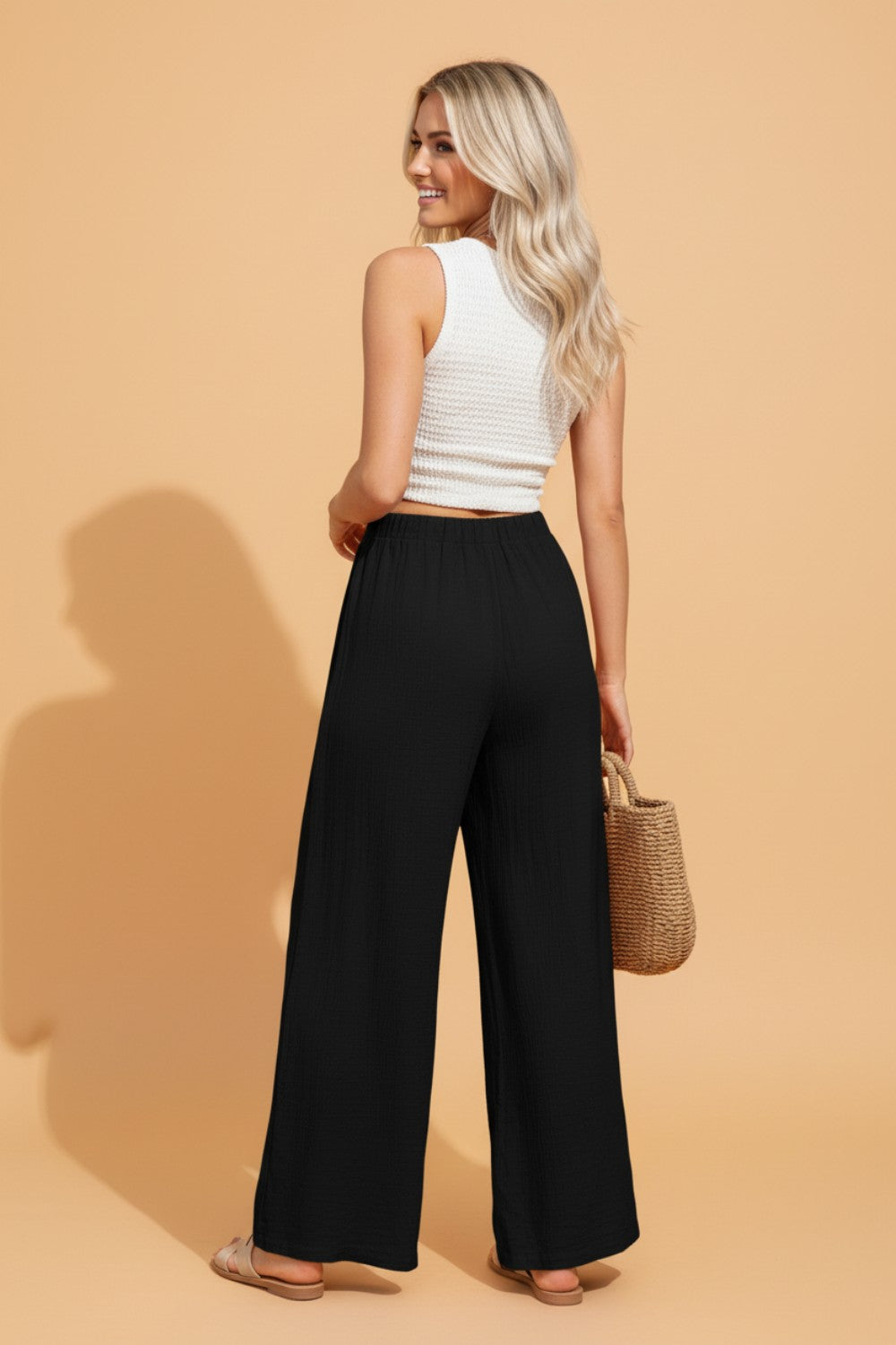 Solid Textured Crossed Waist Wide Leg Pants