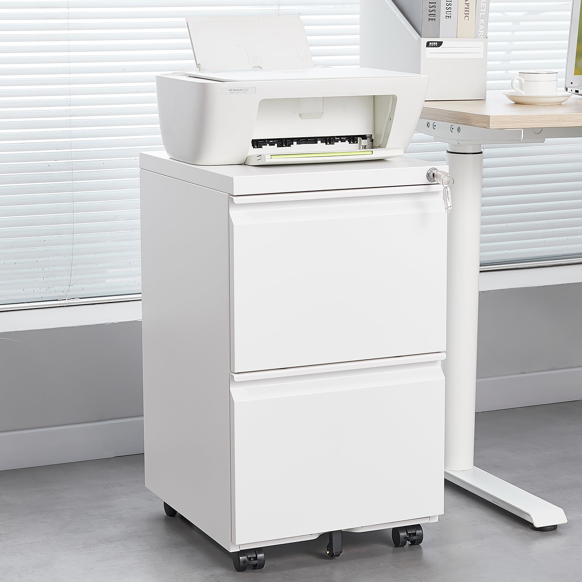 Metal 2 Drawer Mobile File Cabinet with Lock, Under Desk Office Steel Filing Cabinet, White, 25.6''H Legal/Letter Size Files Storage
