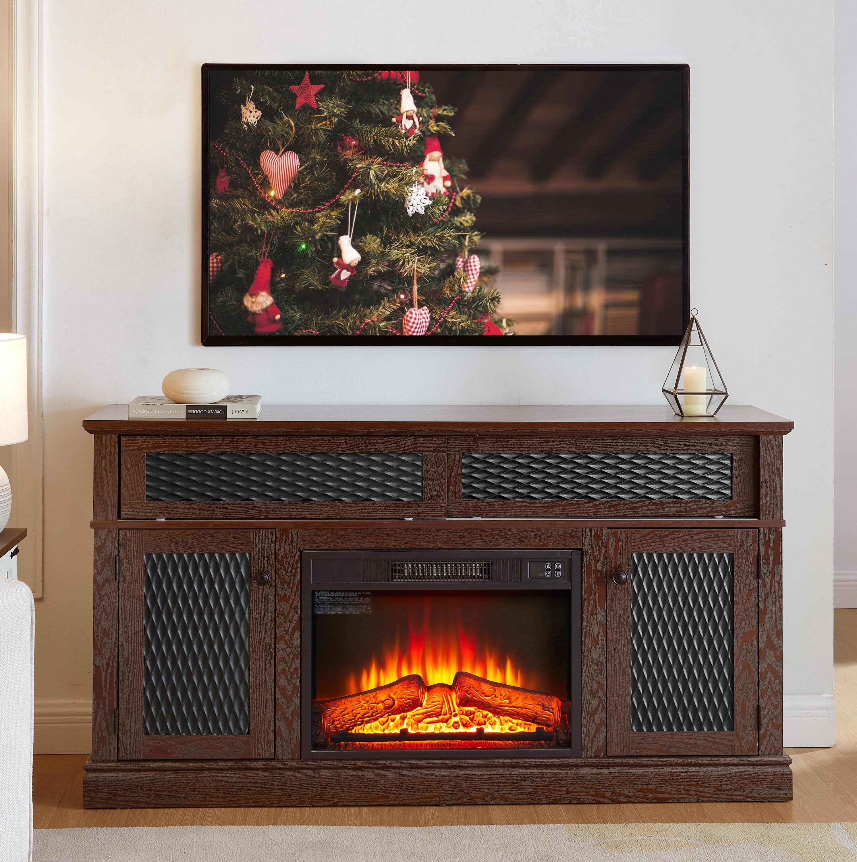Embossed Pattern TV Stand with 23' fireplace insert,, TV and Media Console with Open and Closed Storage Space and sliding door for Living Room & Bedroom, Dark Cherry, 58.27'W*15.35'W*31.7H