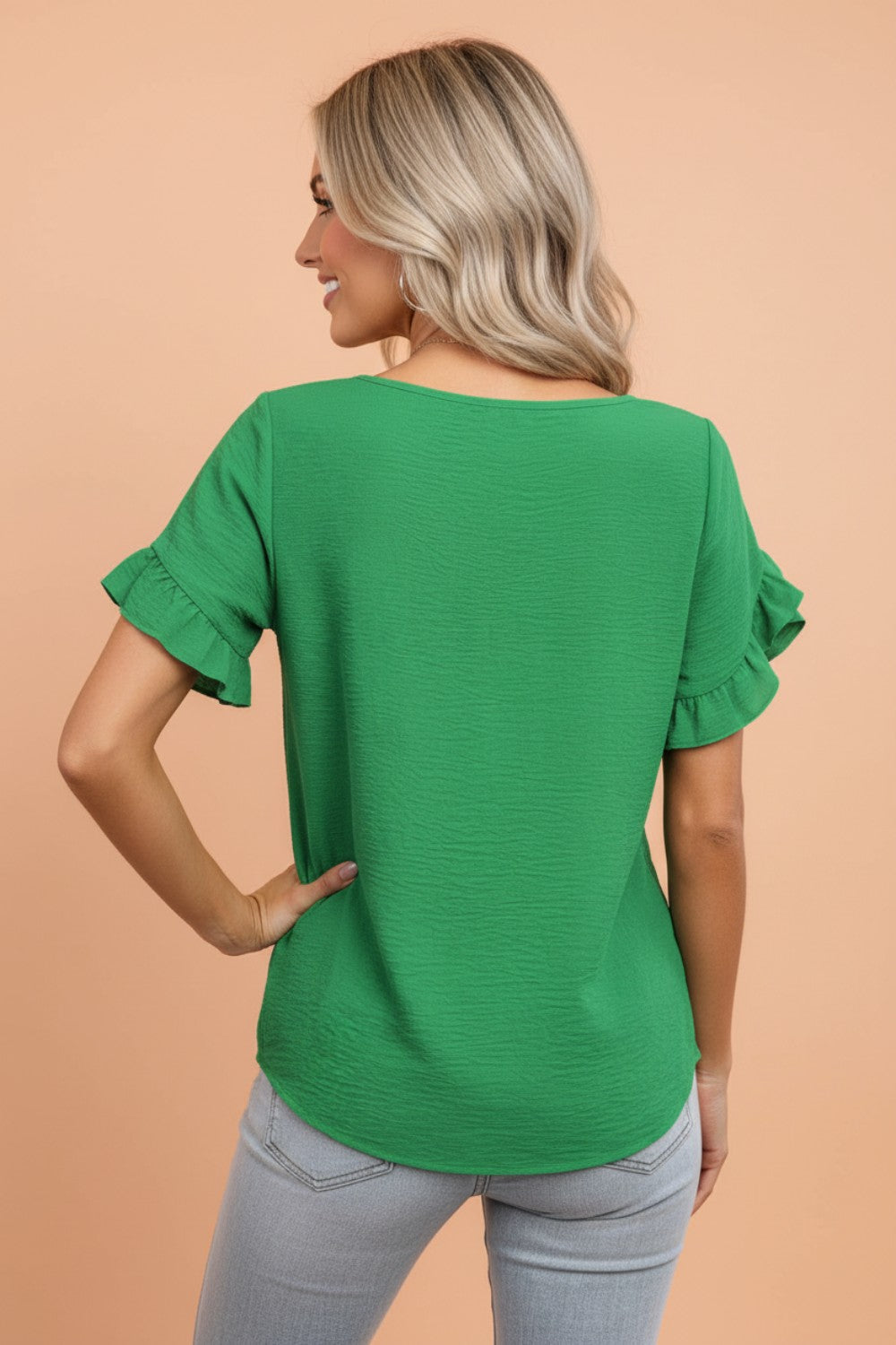 Solid Ruffle Trim Short Sleeve Blouse